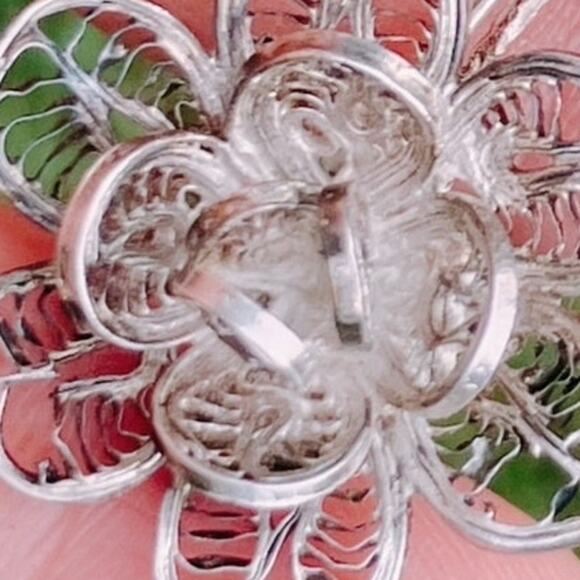 VTG Mid Century Brooch Silver Filigree Layered Floral Scrollwork Pin - Picture 10 of 10